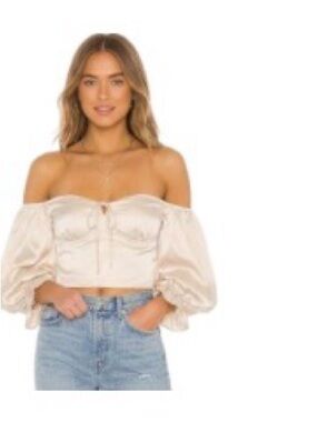 Missguided Satin Off-Shoulder Puff Sleeve Crop Top - Beige